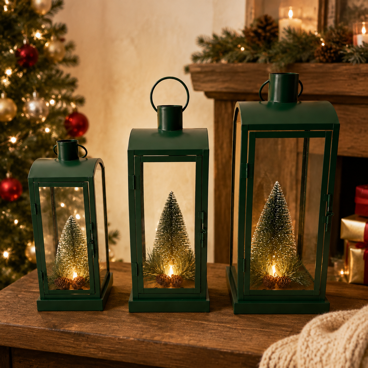 IN-XMAS0002 inton-metal-green-set of 3 christmas candle lantern