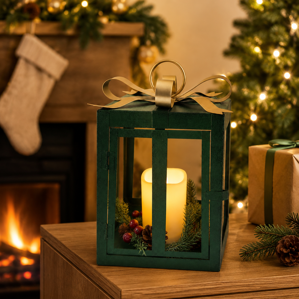 IN-XMAS0004  -inton-metal-green christmas candle lantern